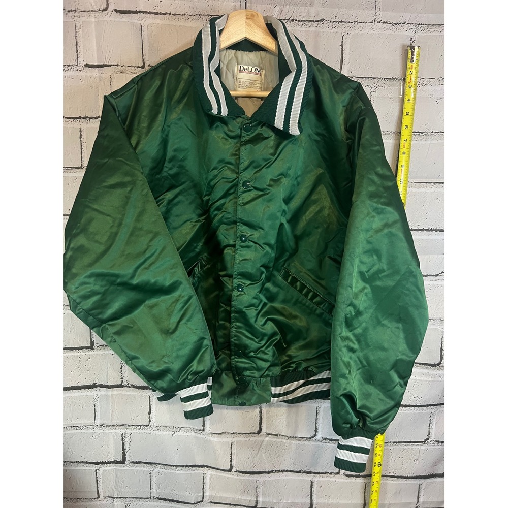 Vintage DeLONG Satin Varsity Bomber Jacket Green Kroskob Farms XL Colorado